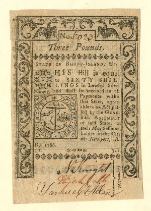 Colonial Currency - FR RI-301 - May 1786 - Paper Money